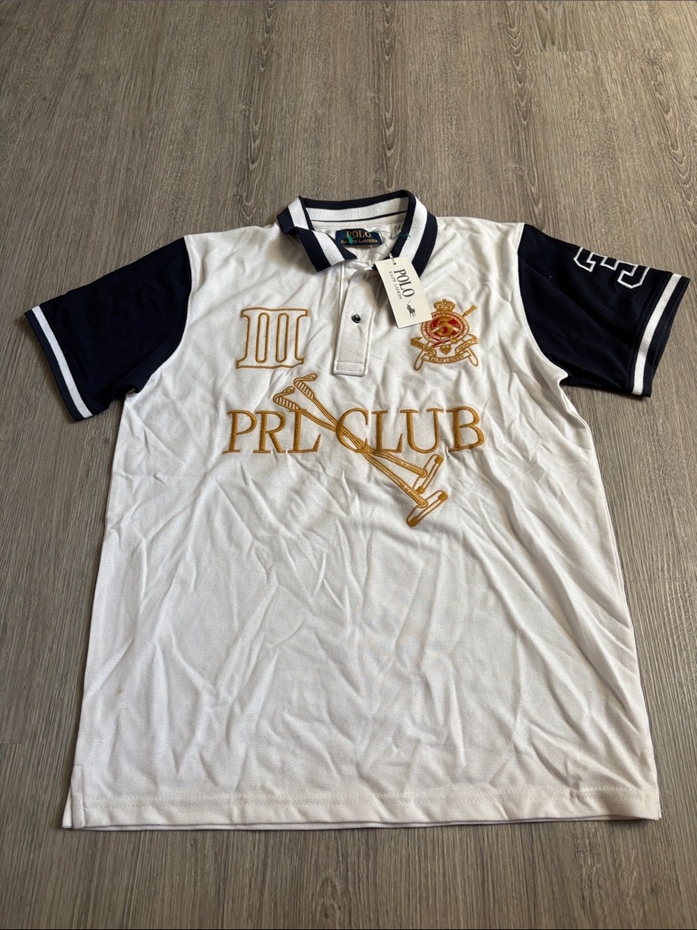 Polo by Ralph Lauren White Polo with Navy Sleeves & Gold Embroidery